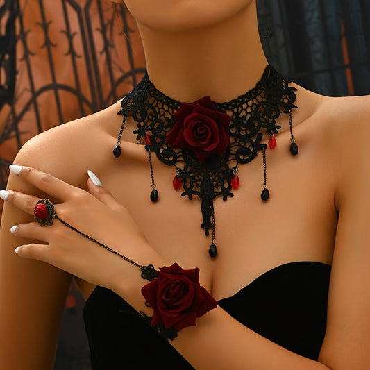 Floragirly- Ensemble bracelet et collier en dentelle à fleurs