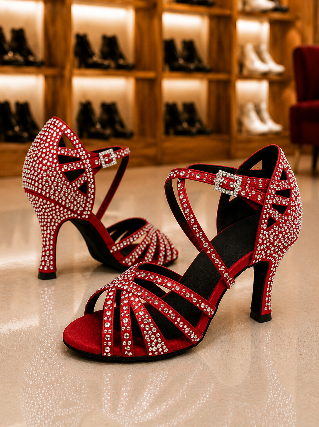 Rhinada Rouge- Chaussure danse latine strass personnalisable