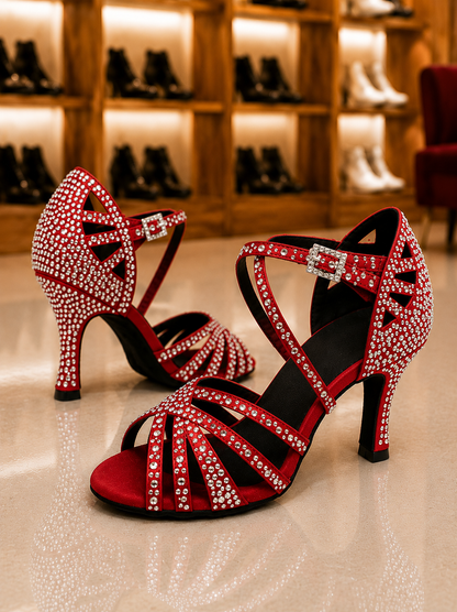 Rhinada Rouge- Chaussure danse latine strass personnalisable