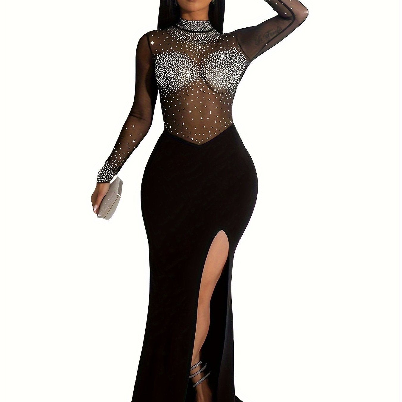 Cristal Split – Robe fendue à strass, col montant et maille chic