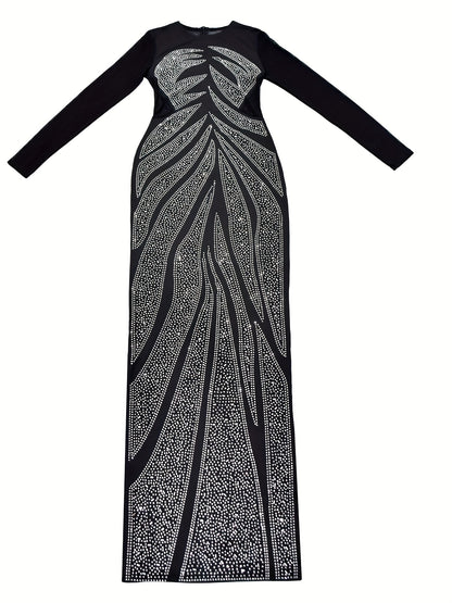 Luxe Diamant – Longue robe mesh strass, manches longues