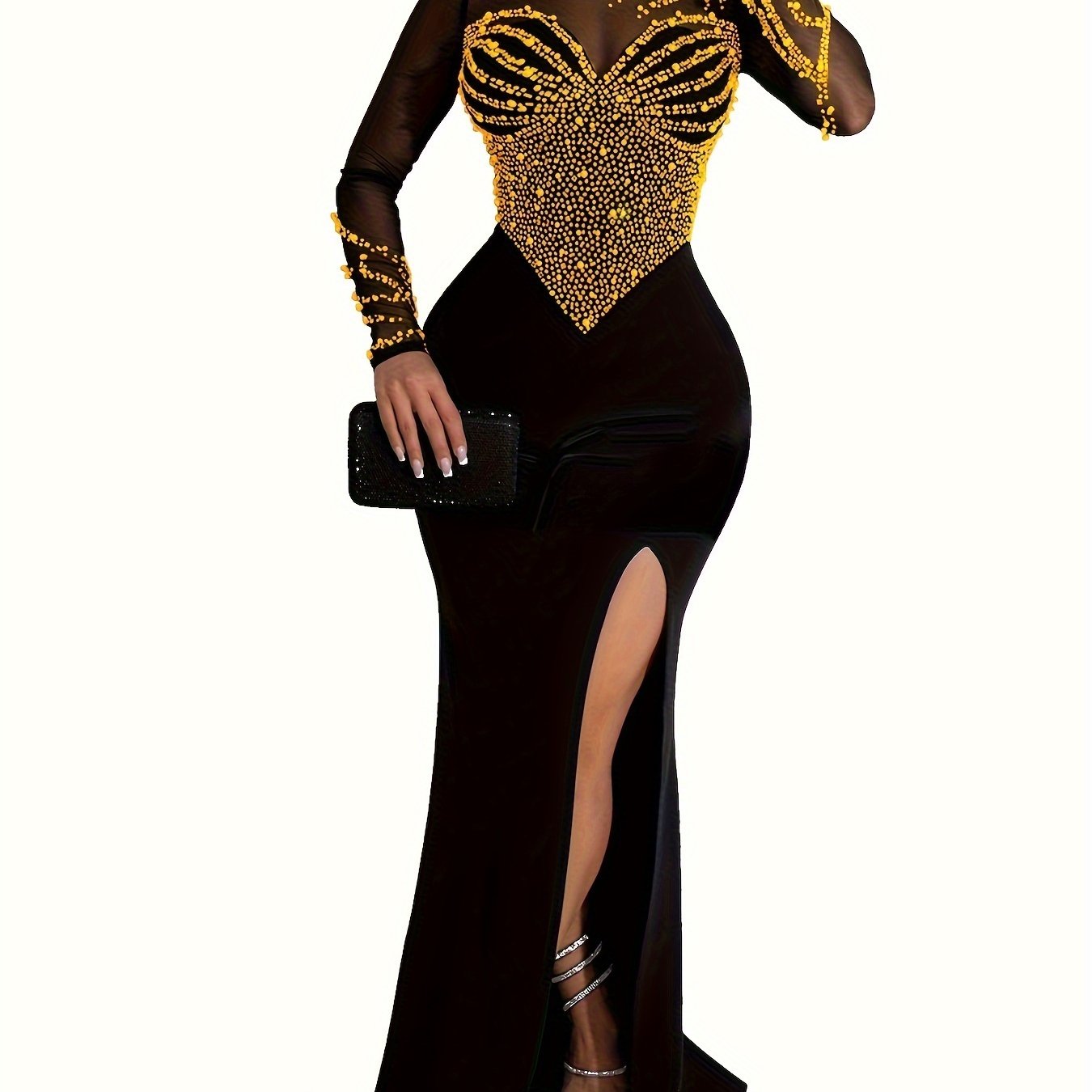 Noire Strass – Robe noire longue à manches transparentes et strass dorés