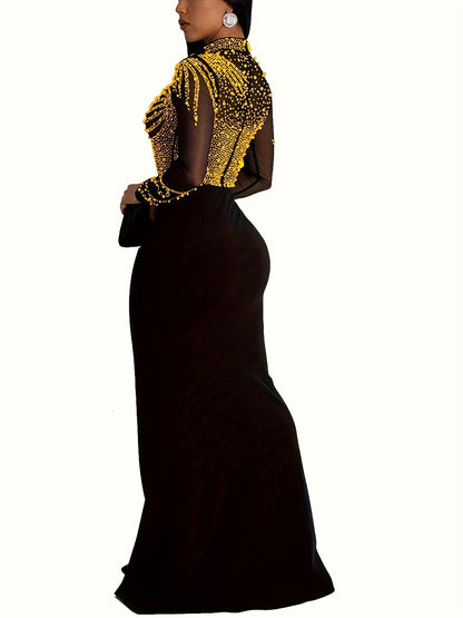 Noire Strass – Robe noire longue à manches transparentes et strass dorés