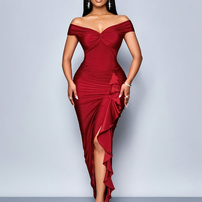 Noire Chic – Robe noire mi-longue asymétrique à taille froncée