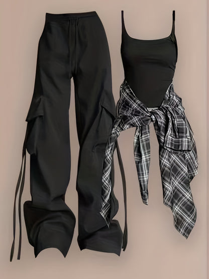 Steevy- 3pcs Y2k pantalon, chemise, haut