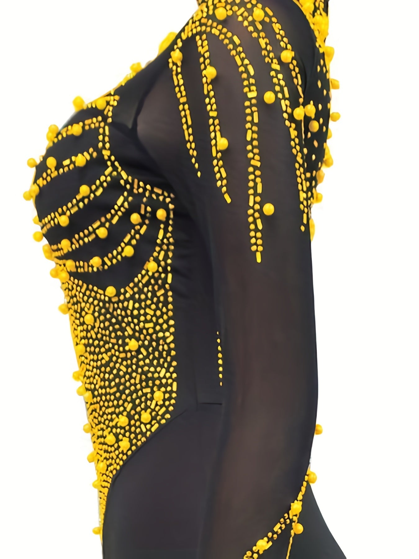 Noire Strass – Robe noire longue à manches transparentes et strass dorés