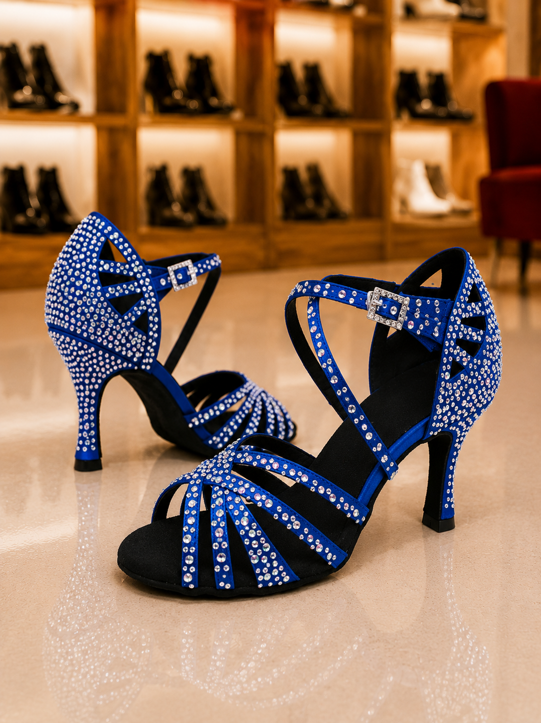 Rhinada Bleu- Chaussure danse latine strass