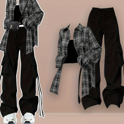 Steevy- 3pcs Y2k pantalon, chemise, haut