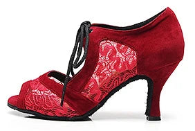 Daniella - Chaussures de danse latine en dentelle rouge ou noir