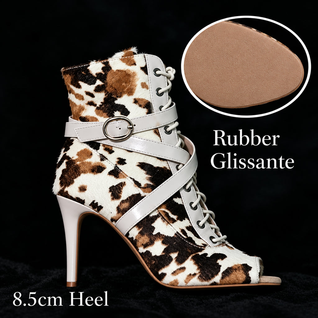 Fauvelle Blanc- Bottines de danse léopard à bout ouvert