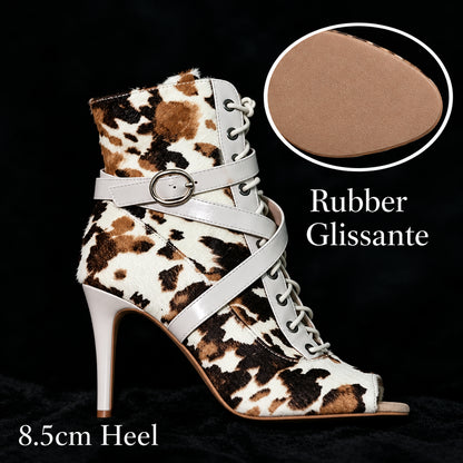 Fauvelle Blanc- Bottines de danse léopard à bout ouvert