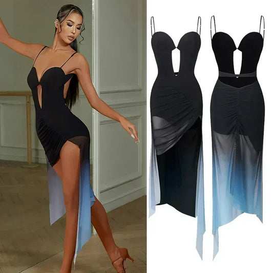 Irregular _Robe dos nu au style asymétrique la danse latine de performance