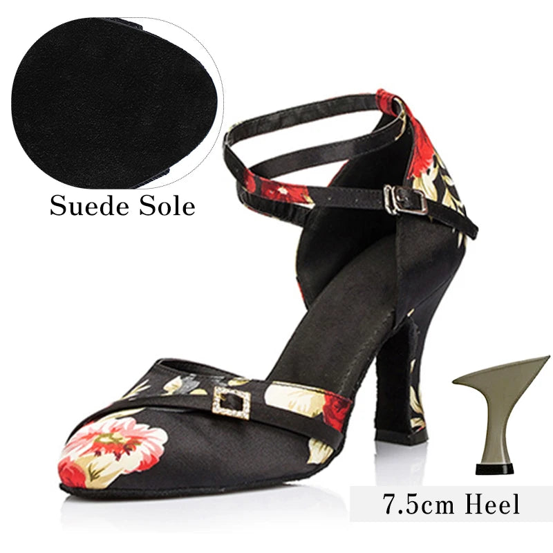 Galadrine - Chaussures de danse latine en satin fleuri