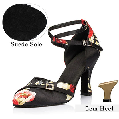 Galadrine - Chaussures de danse latine en satin fleuri