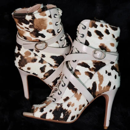 Fauvelle Blanc- Bottines de danse léopard à bout ouvert