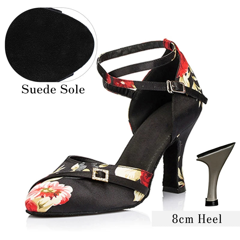 Galadrine - Chaussures de danse latine en satin fleuri