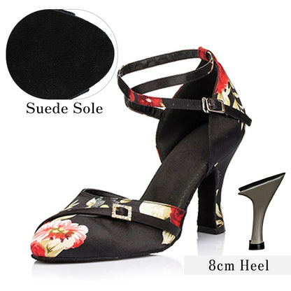 Galadrine - Chaussures de danse latine en satin fleuri