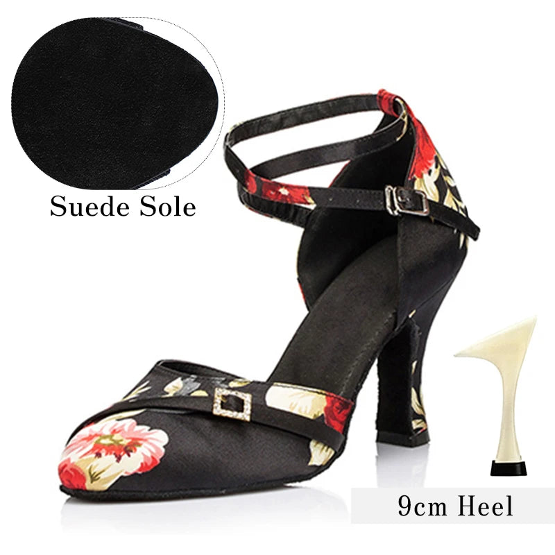 Galadrine - Chaussures de danse latine en satin fleuri