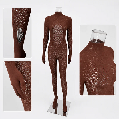Nerissa - Combinaison longue en résille rouge, café ou noir