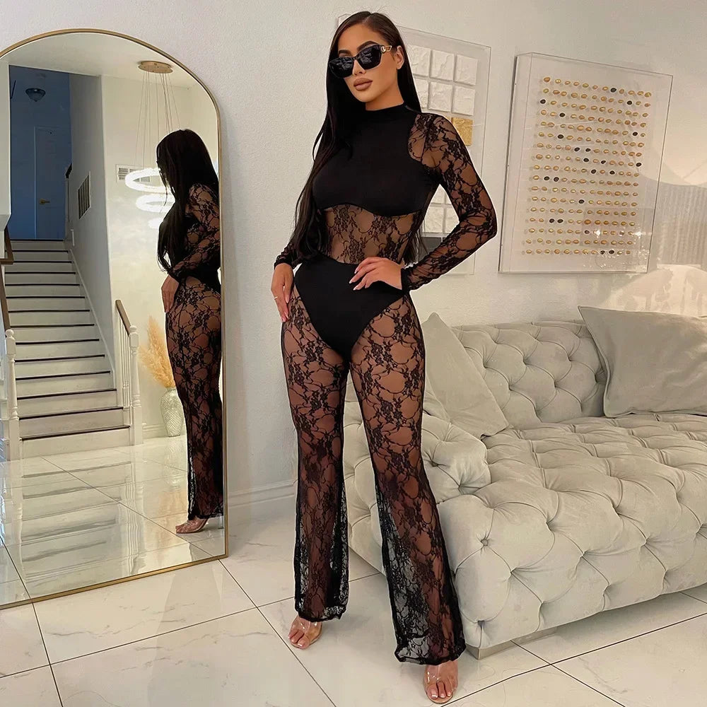 Newaya- Combipantaon body noir dentelle transparent