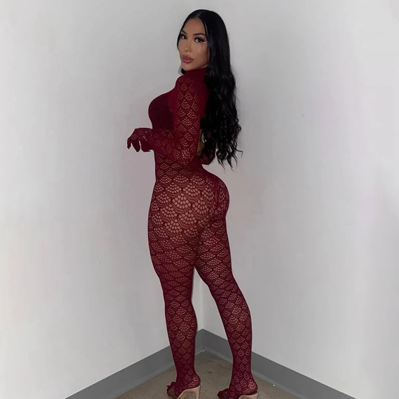 Nerissa - Combinaison longue en résille rouge, café ou noir