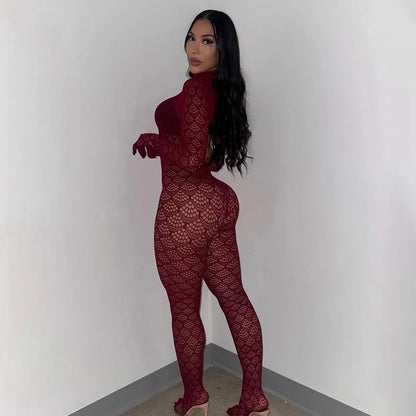 Nerissa - Combinaison longue en résille rouge, café ou noir