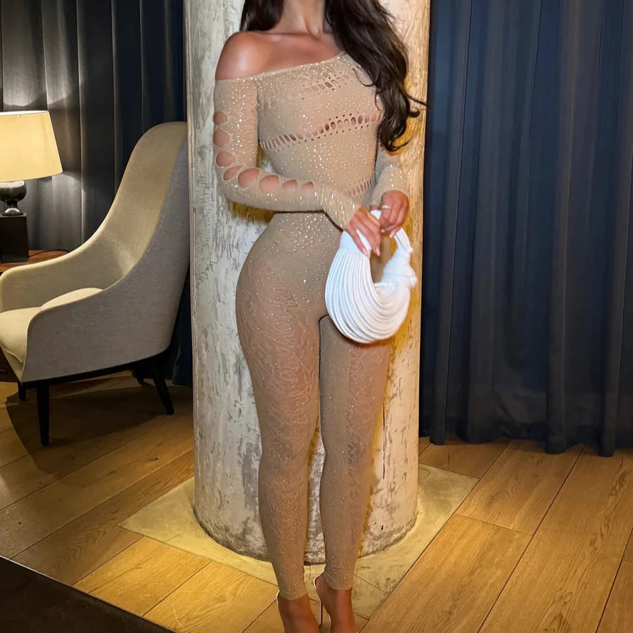 Fagadora - Combinaison transparente sexy en maille strass