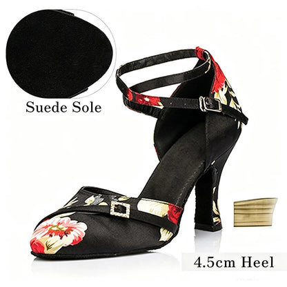 Galadrine - Chaussures de danse latine en satin fleuri
