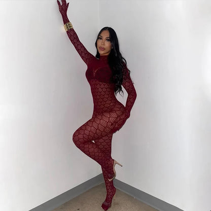 Nerissa - Combinaison longue en résille rouge, café ou noir