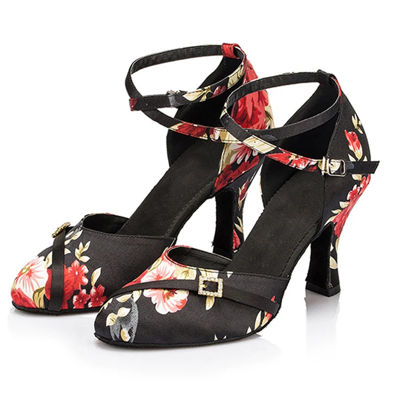 Galadrine - Chaussures de danse latine en satin fleuri