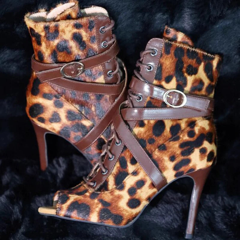 Fauvelle Marron- Bottines de danse léopard à bout ouvert