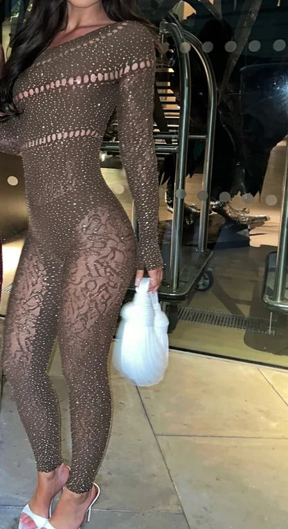 Fagadora - Combinaison transparente sexy en maille strass