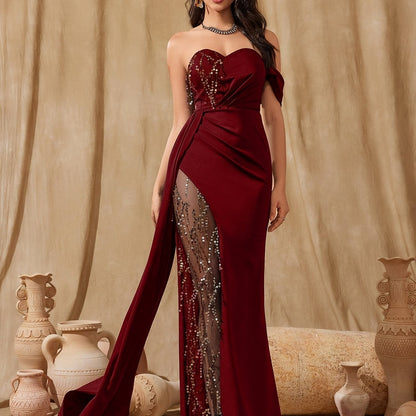 GalaPrincess – Robe rouge longue à paillettes et décolleté en V