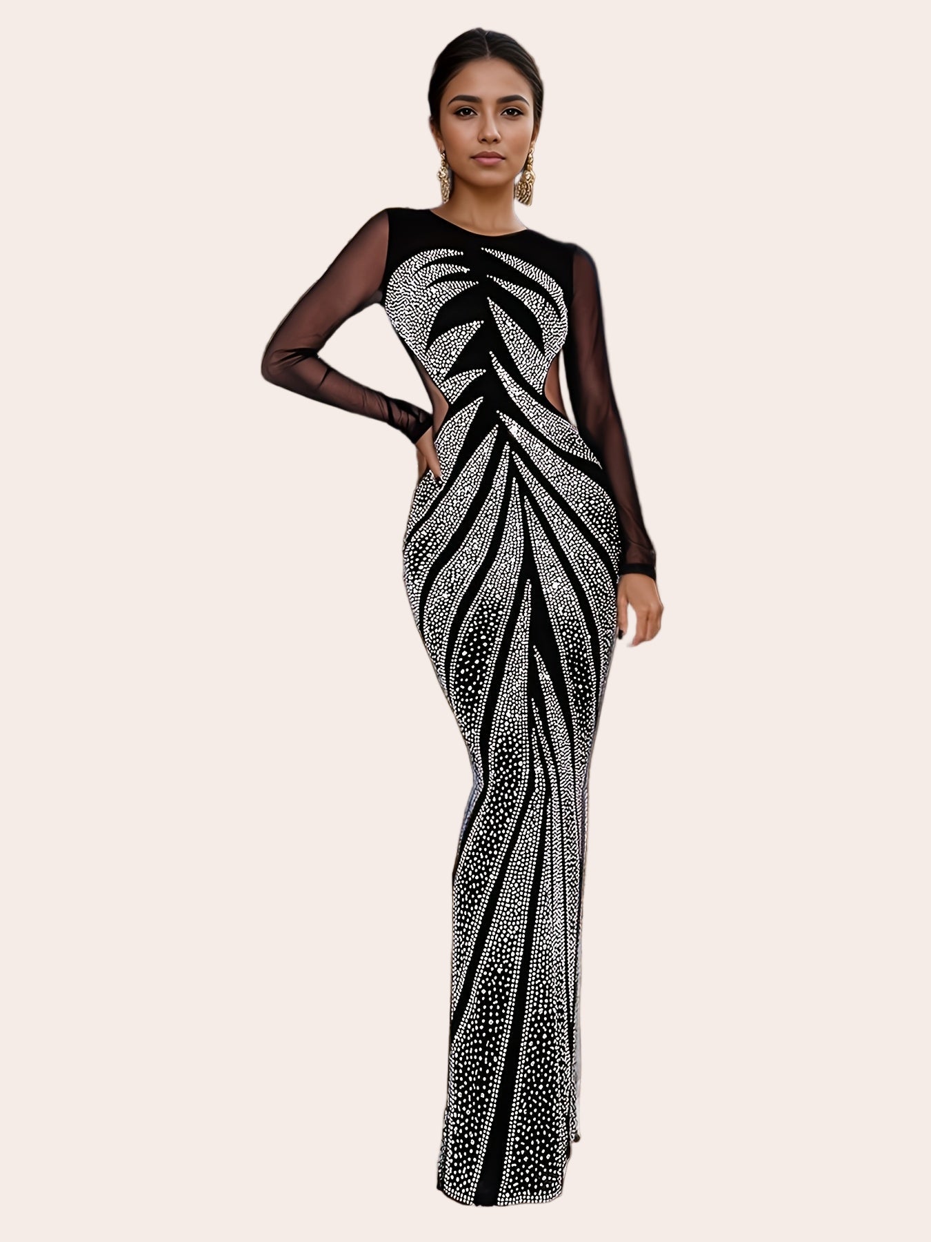 Luxe Diamant – Longue robe mesh strass, manches longues