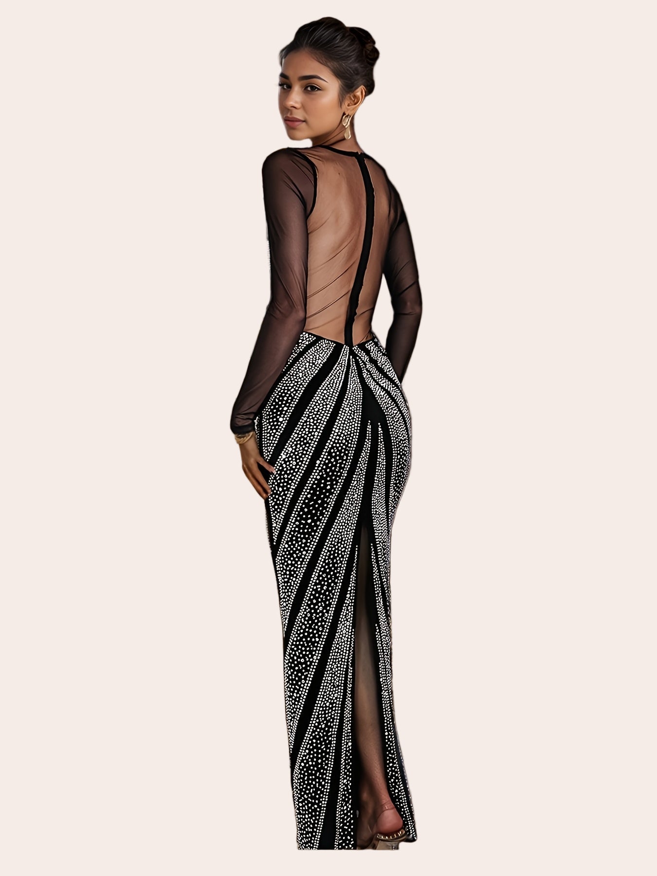Luxe Diamant – Longue robe mesh strass, manches longues