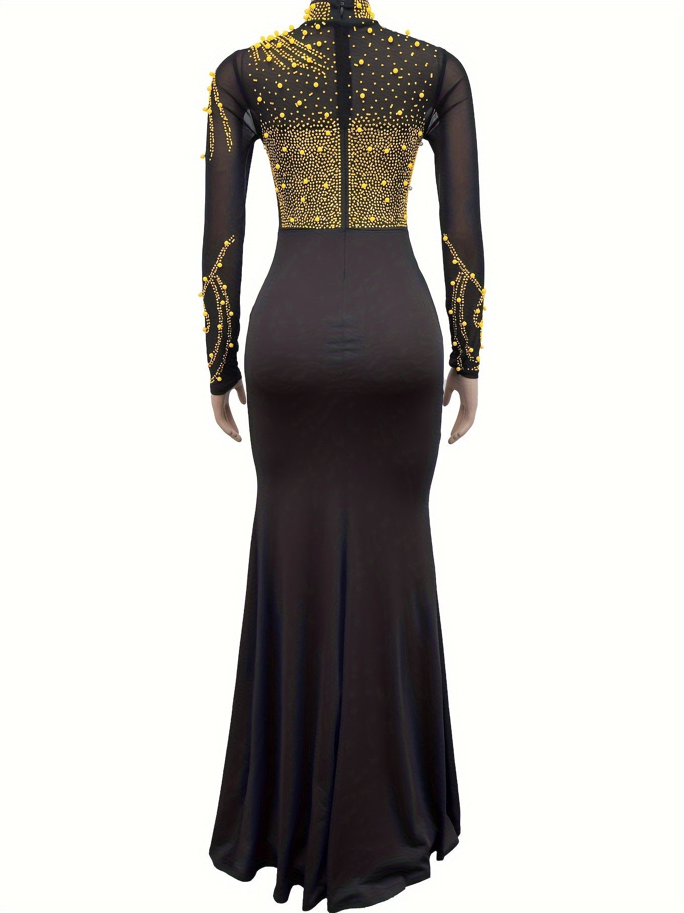 Noire Strass – Robe noire longue à manches transparentes et strass dorés