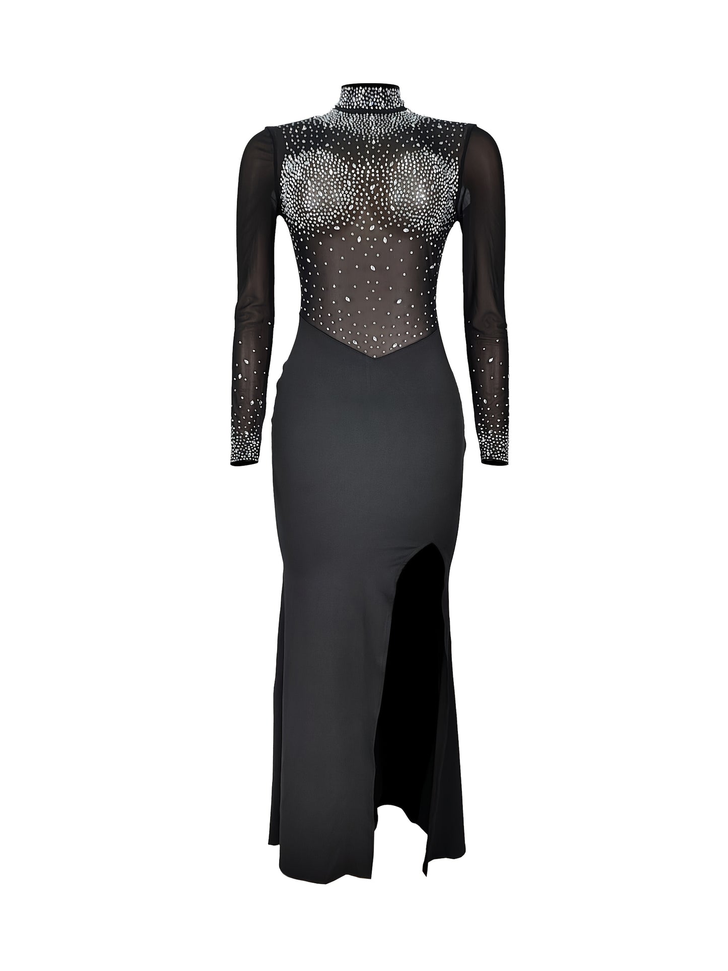 Cristal Split – Robe fendue à strass, col montant et maille chic