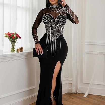 Robe ChaineStrass – Maille fendue, col montant