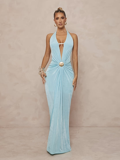 Navy Sirène – Bleu marine, dos nu, décolleté V, élégance intemporelle.